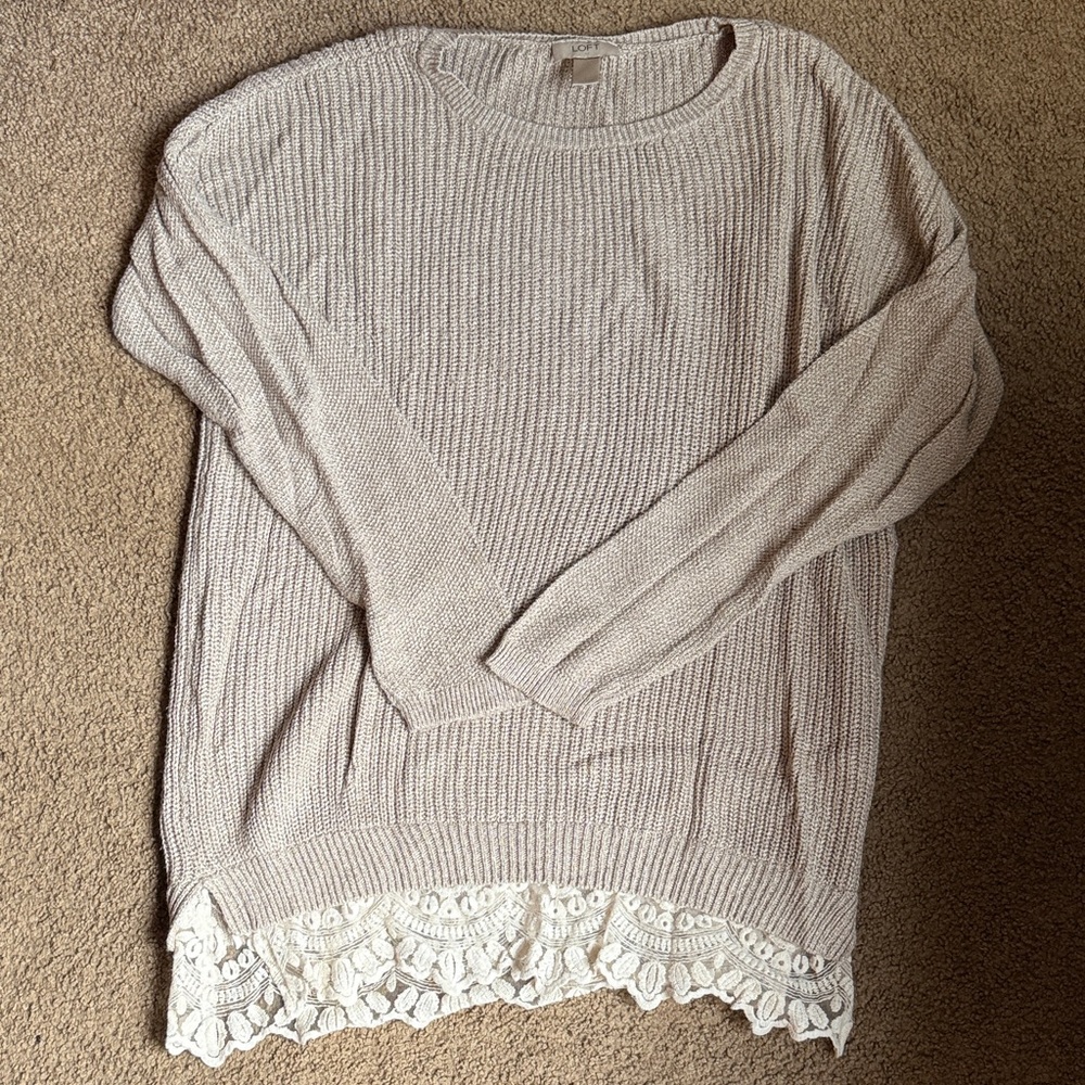 LOFT Women's Beige Sweater with Lace Hem